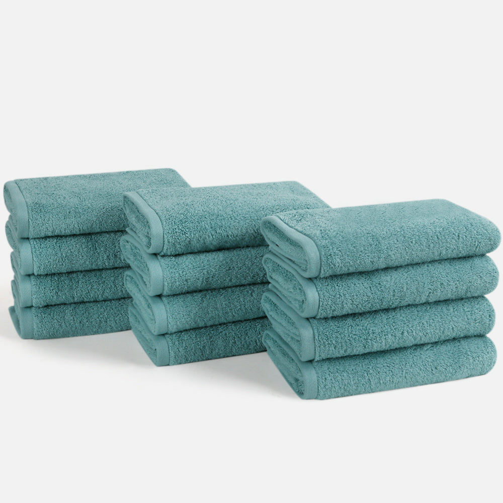 Includes 12 hand towels each measuring 40cm x 70cm. Ideal for daily use with a serene blue hue that brings a calm feel to any bathroom.