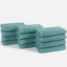 Includes 12 hand towels each measuring 40cm x 70cm. Ideal for daily use with a serene blue hue that brings a calm feel to any bathroom.