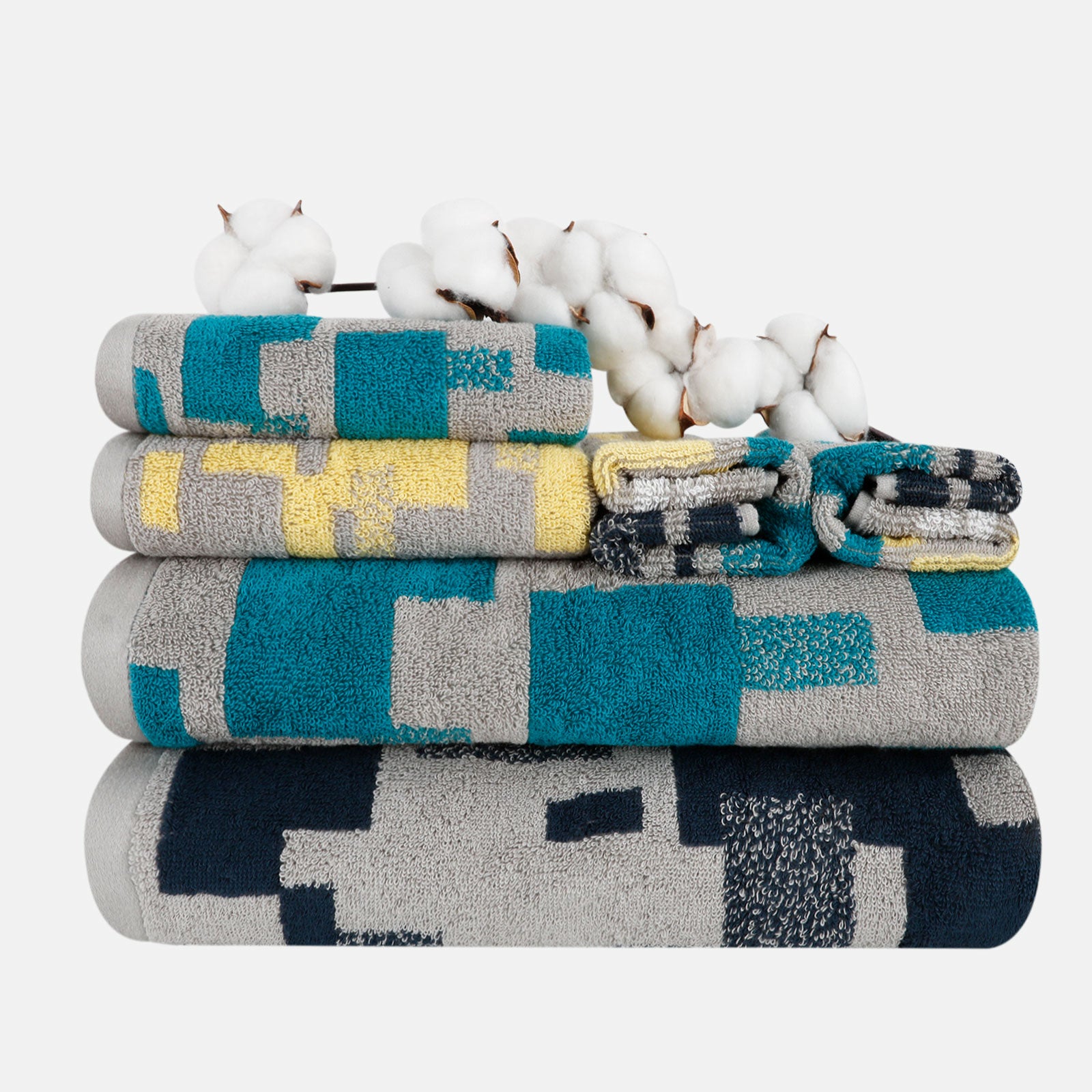 6-piece Cotton Patterned Bath Towel Set with Hanging Loop