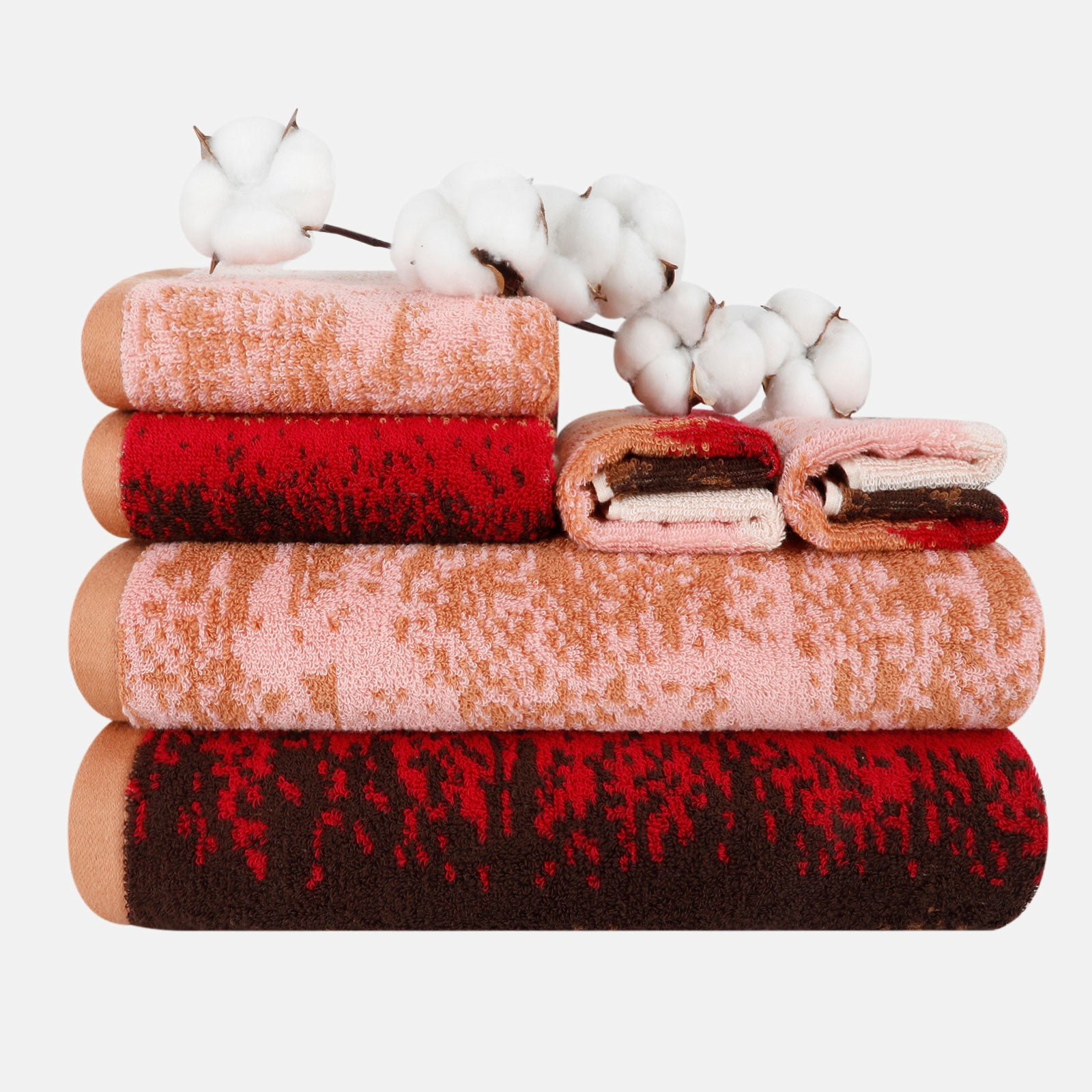 6-piece Cotton Patterned Bath Towel Set with Hanging Loop