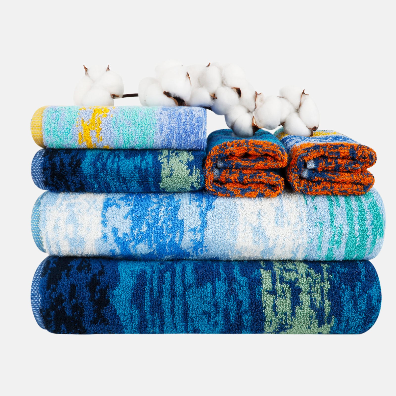6-piece Cotton Patterned Bath Towel Set with Hanging Loop