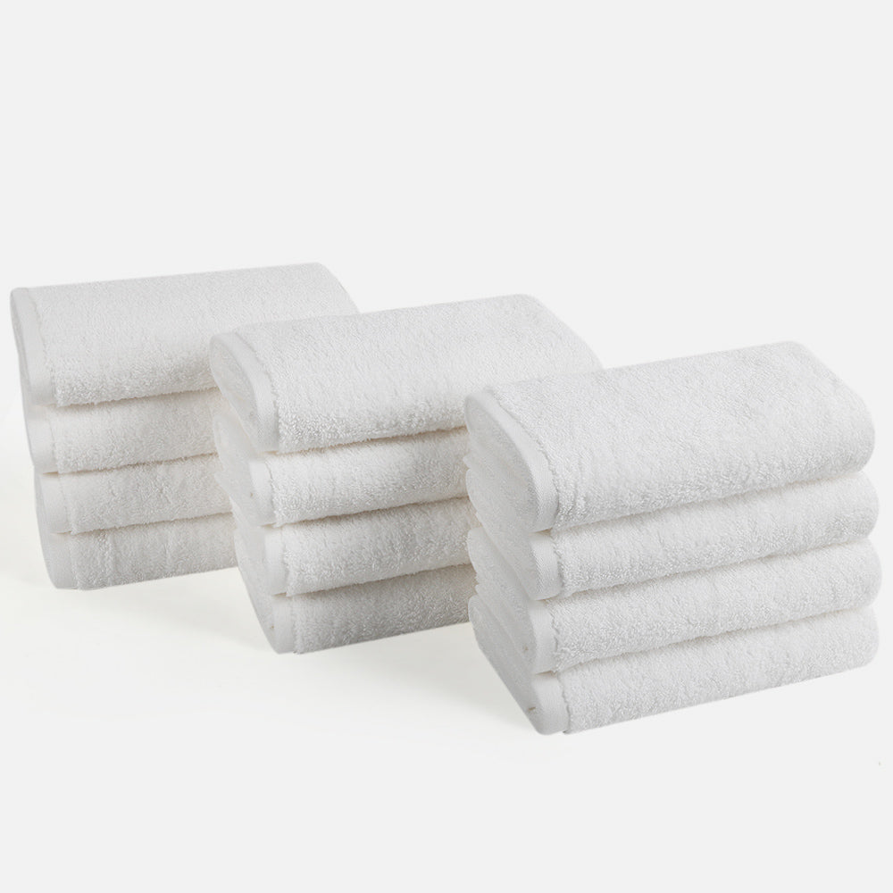 Includes 12 hand towels, each 40cm x 70cm. Classic white towels are a bathroom staple, known for their versatility and clean appearance.