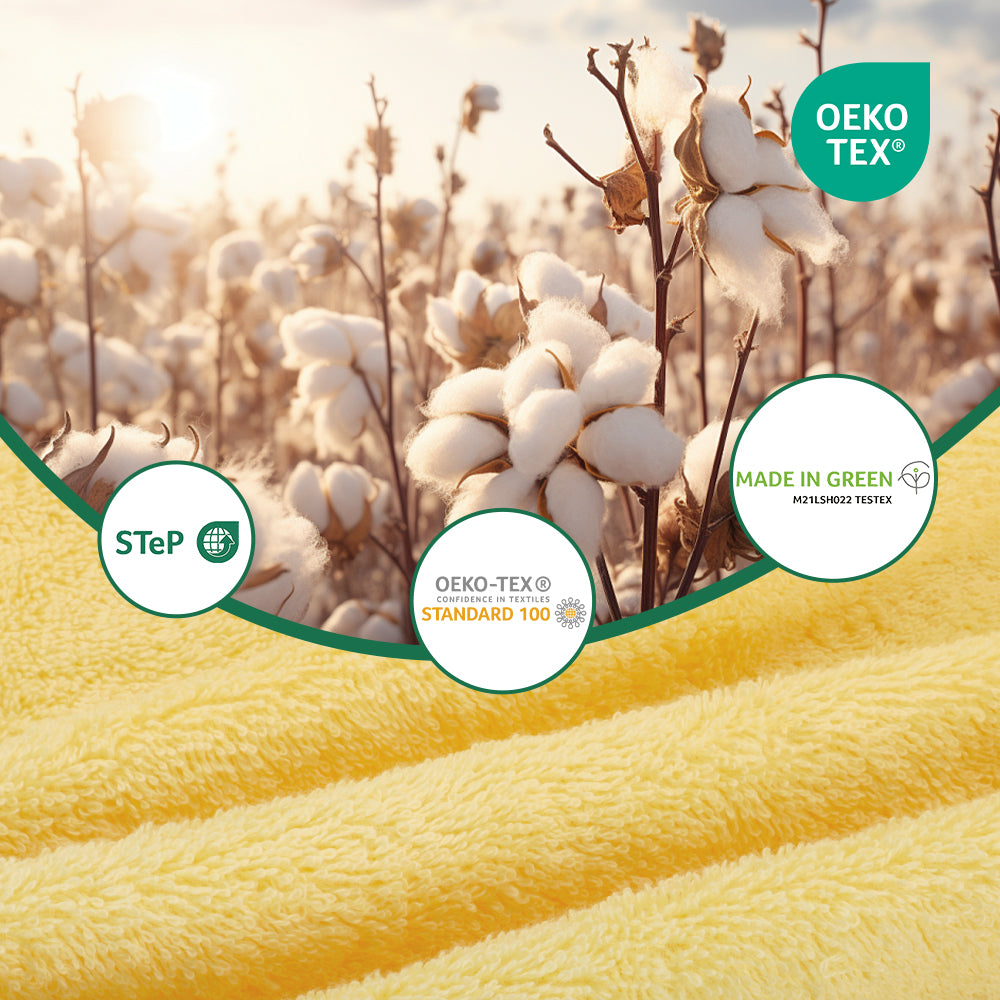 Terry detail of an Okeo TEX certified yellow towel