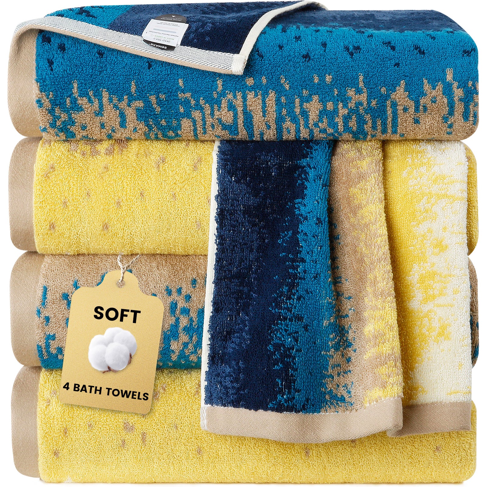 Cotton Patterned Bath Towel with Hanging Loop 4 Packed