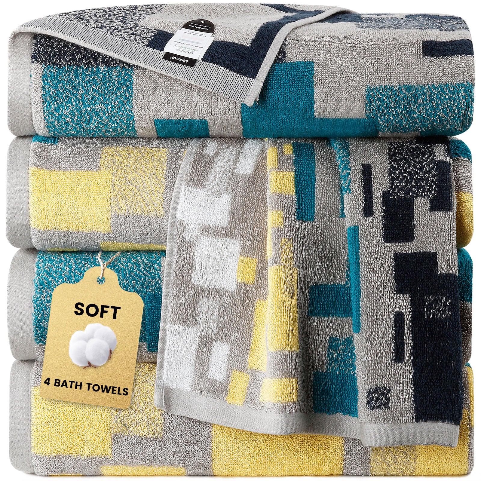 Cotton Patterned Bath Towel with Hanging Loop 4 Packed