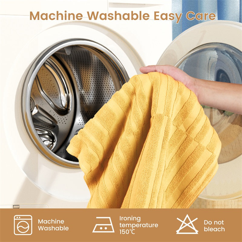 SEMAXE yellow bath mat being placed into a washing machine, illustrating the easy care instructions with icons indicating machine washable, maximum ironing temperature of 150°C, and do not bleach guidelines