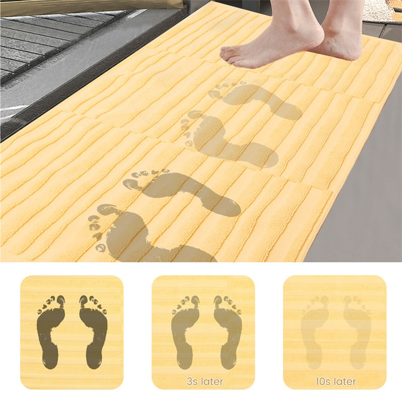 Water absorption test on SEMAXE yellow bath mat, demonstrating rapid drying as footprints fade from visible to nearly invisible within 3 to 10 seconds, highlighting the mat's efficient moisture management