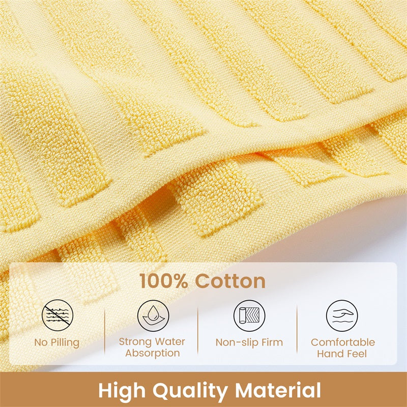 Close-up of SEMAXE high-quality yellow cotton bath mat, highlighting its 100% cotton material, no pilling, strong water absorption, non-slip firmness, and comfortable hand feel.