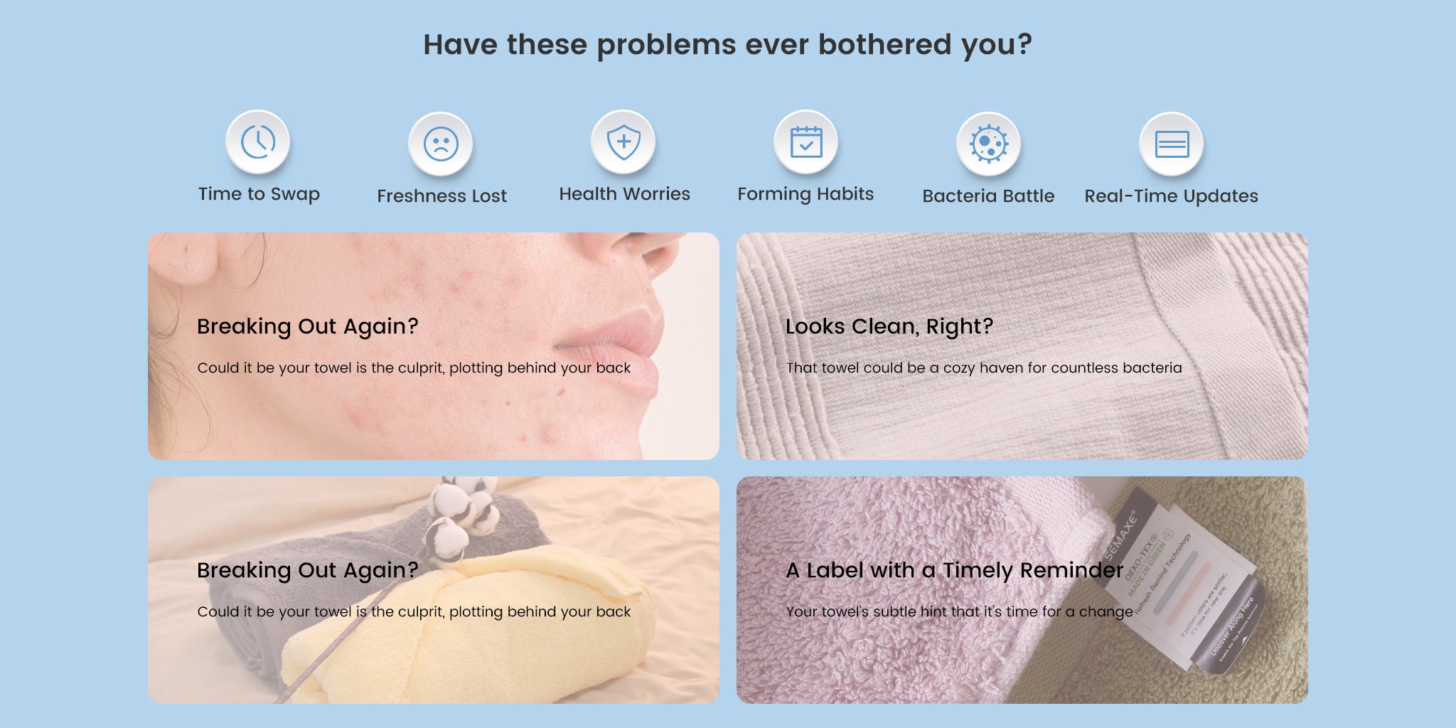 Illustration explaining the reasons behind the development of SEMAXE's lifecycle label. The image highlights common issues such as bacteria buildup, health concerns, and the need for timely towel replacement, emphasizing how the lifecycle label helps address these problems. It also portrays various scenarios where the label acts as a reminder to maintain hygiene and comfort by replacing towels at the optimal time.