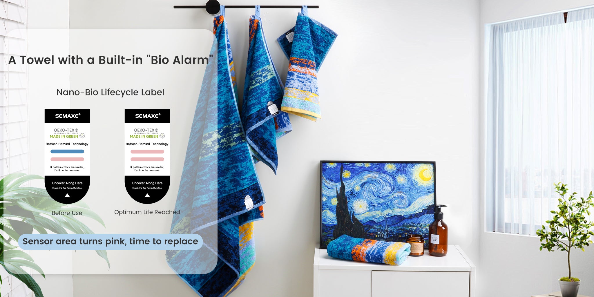 SEMAXE Starry Sky towels showcased in a serene bathroom setting with an emphasis on the built-in 'Bio Alarm' lifecycle label. The image features a variety of towels from the Starry Sky collection, hung neatly on a rack, along with a close-up of the nano-bio lifecycle label that indicates when it's time to replace the towel based on color change. A subtle nod to Van Gogh’s 'Starry Night' painting in the background adds an artistic touch, blending functionality with aesthetic appeal.
