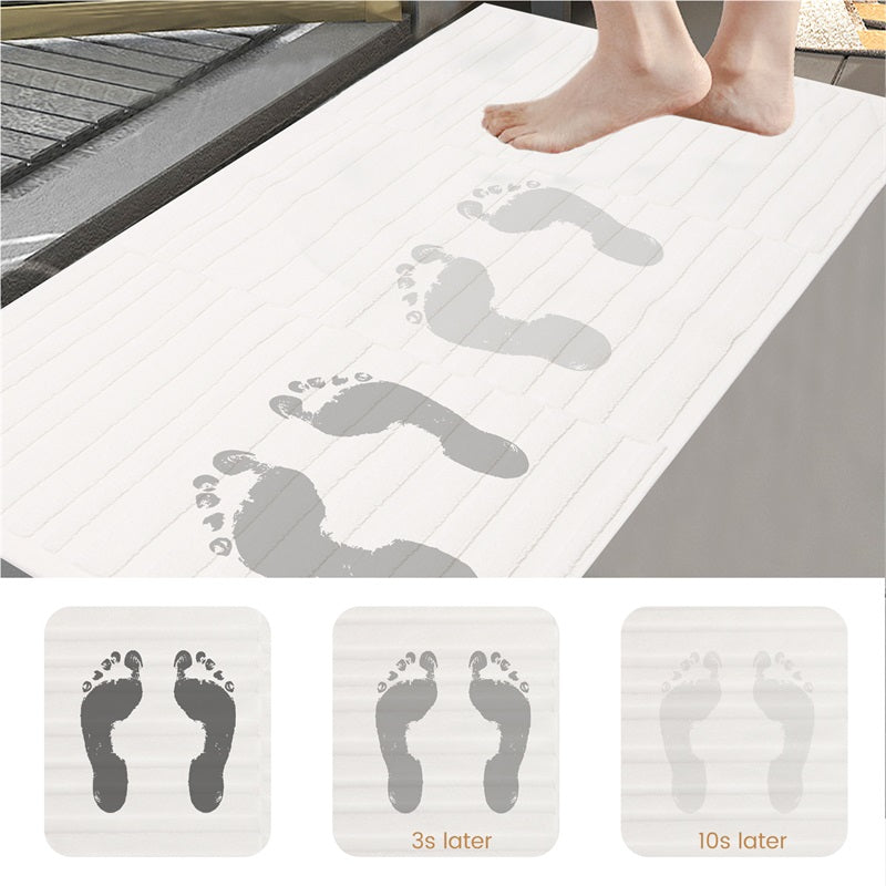 Watch as the SEMAXE white bath mat instantly absorbs water, demonstrating its remarkable quick-dry capability. Perfectly capturing the transition from wet to dry in mere seconds, this mat offers both functionality and a touch of luxury to any bathroom setting.