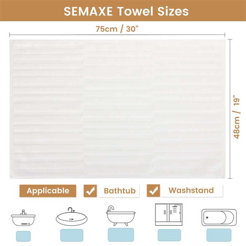 Discover the perfect fit for any space with the SEMAXE white bath mat size guide. Measuring 80 cm by 50 cm, this plush mat fits beautifully in various settings, from bathtubs to washstands, providing both comfort and style.