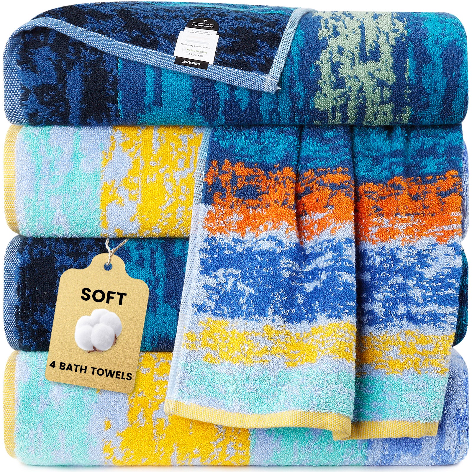 Cotton Patterned Bath Towel with Hanging Loop 4 Packed