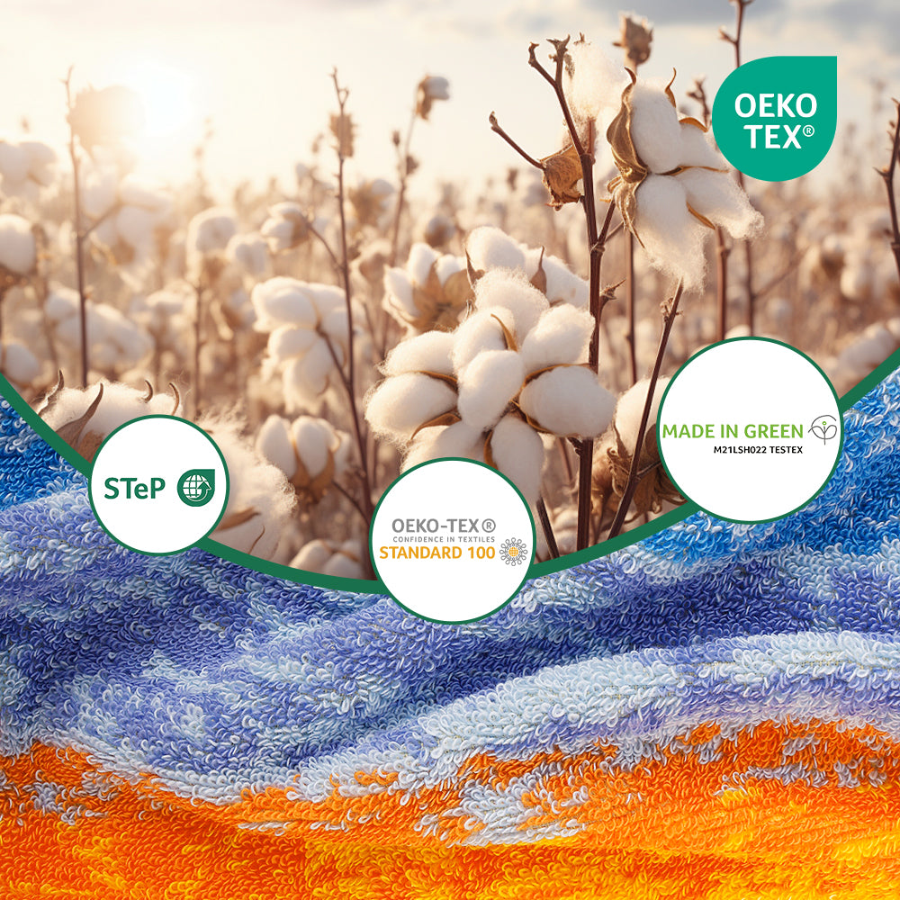 The terry details of the "Wheat Field" series towels, their materials and the factory where they are made are OKEO certified