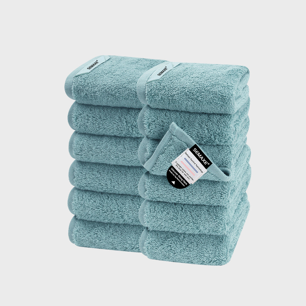 SEMAXE blue washcloth set with 12 pieces, perfect for kitchen use and as tea towels, showcasing soft and durable fabric.