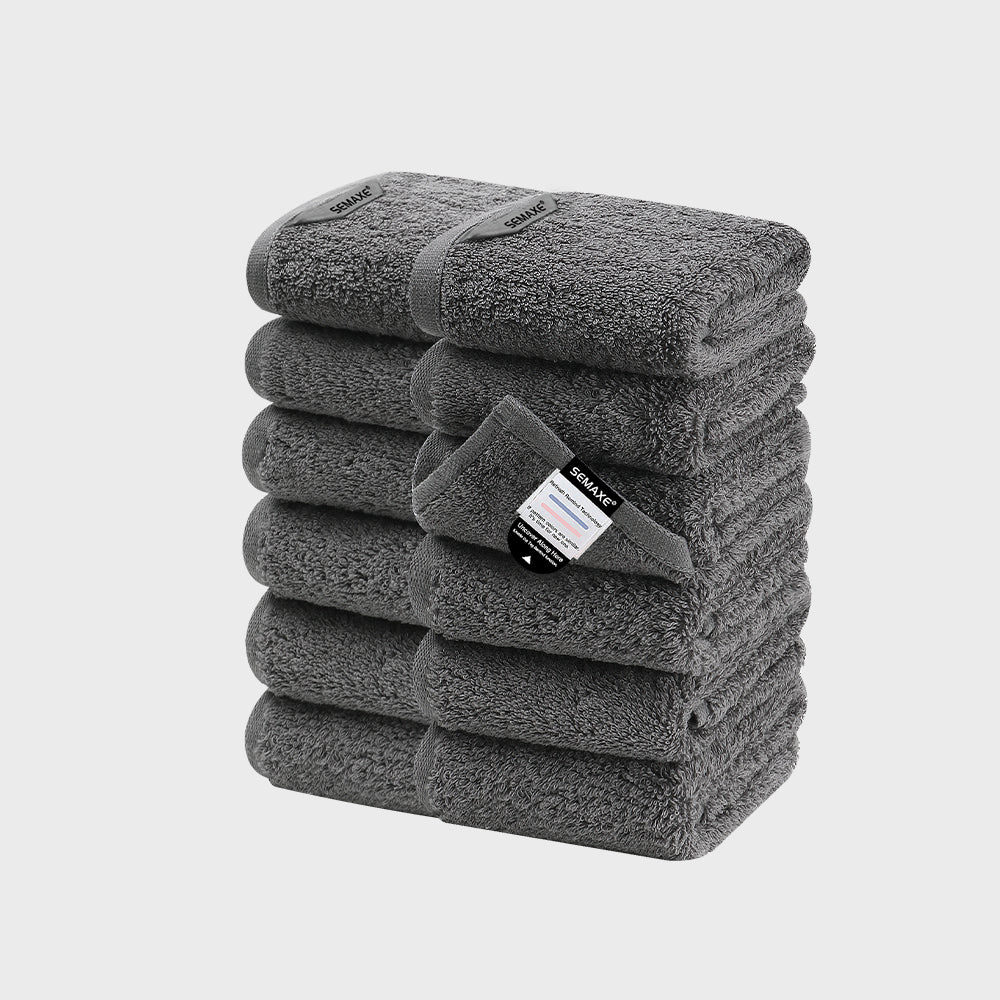 Elegant gray washcloth set by SEMAXE, includes 12 pieces, perfect for culinary settings or as tea towels, with a plush texture.