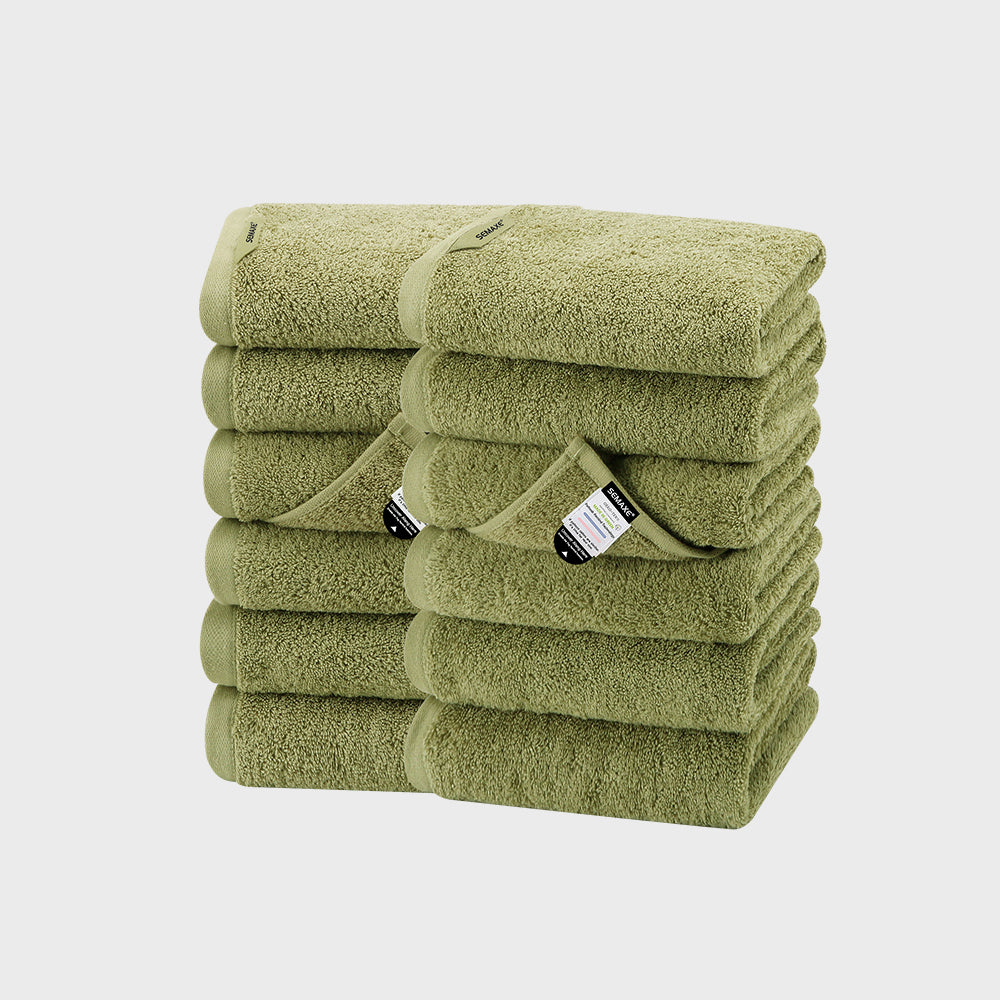 This set includes 12 hand towels, each 40cm x 70cm. The vibrant green shade is refreshing and perfect for a nature-inspired bathroom decor.