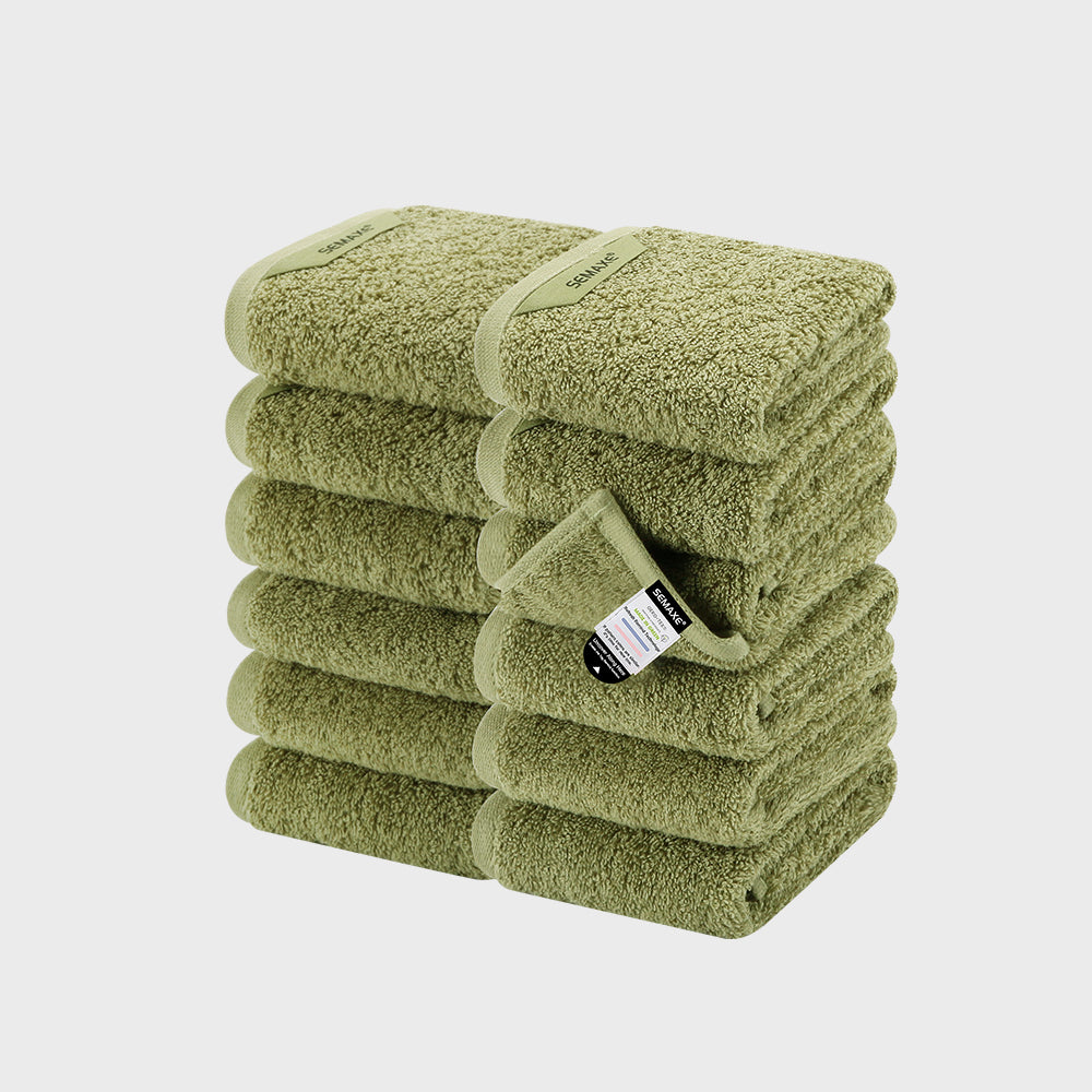 Fresh green washcloth set from SEMAXE, containing 12 pieces suitable for kitchen use or as tea towels, crafted with premium cotton.