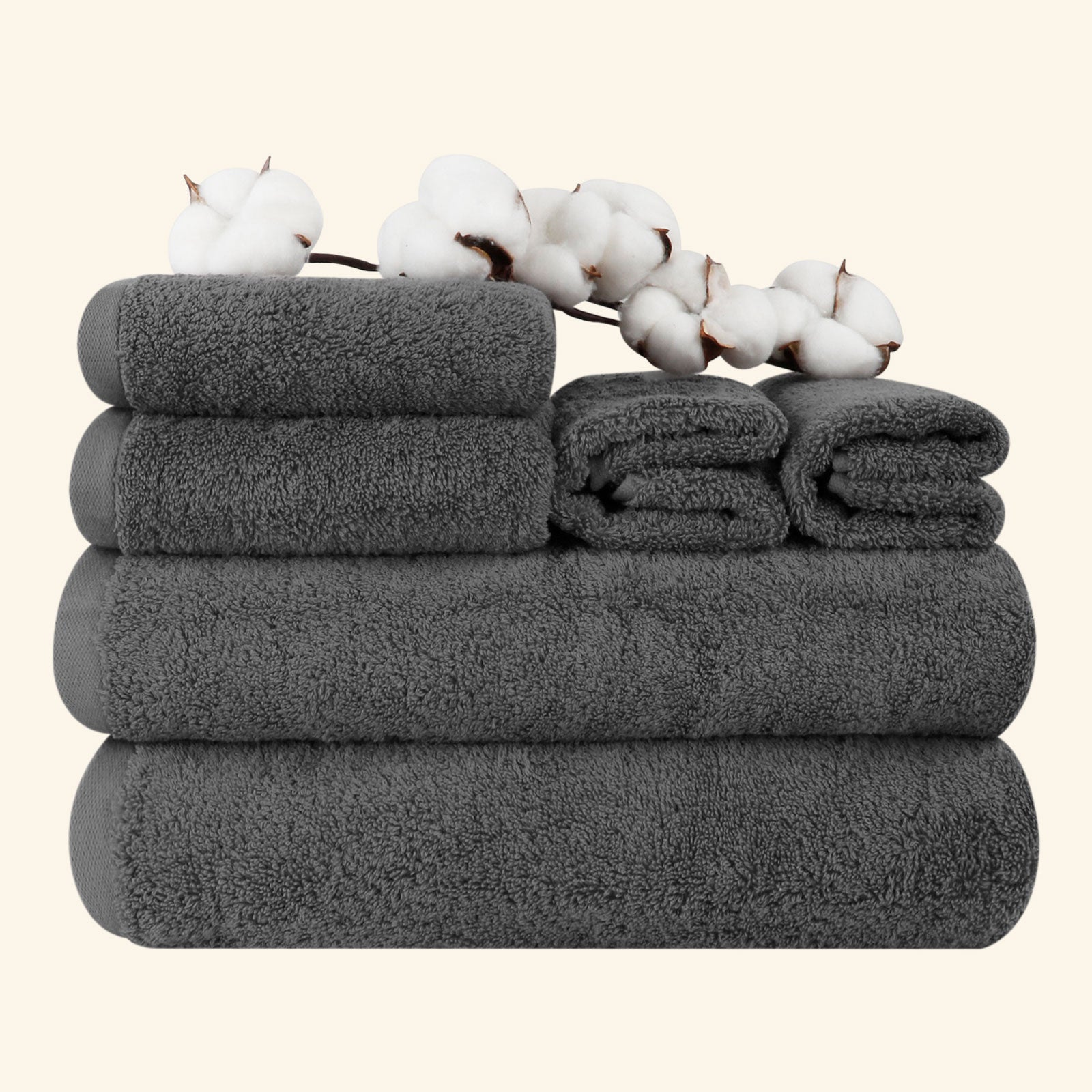 6-piece Combed Cotton Bath Towel Set, Solid Color, with Hanging Loop & Lifecycle Label | SEMAXE