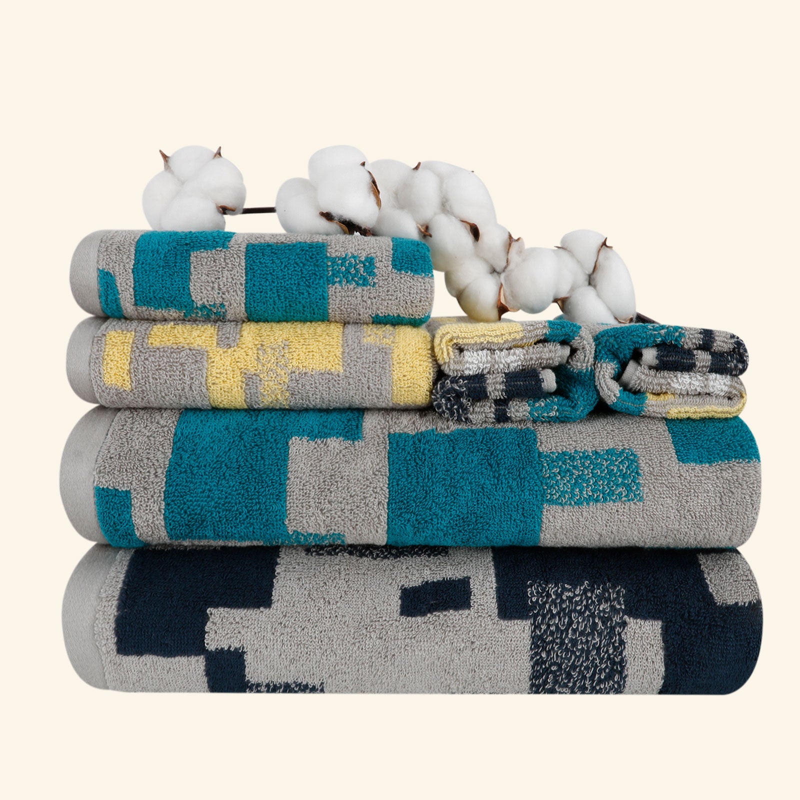 6-piece Cotton Patterned Bath Towel Set with Hanging Loop