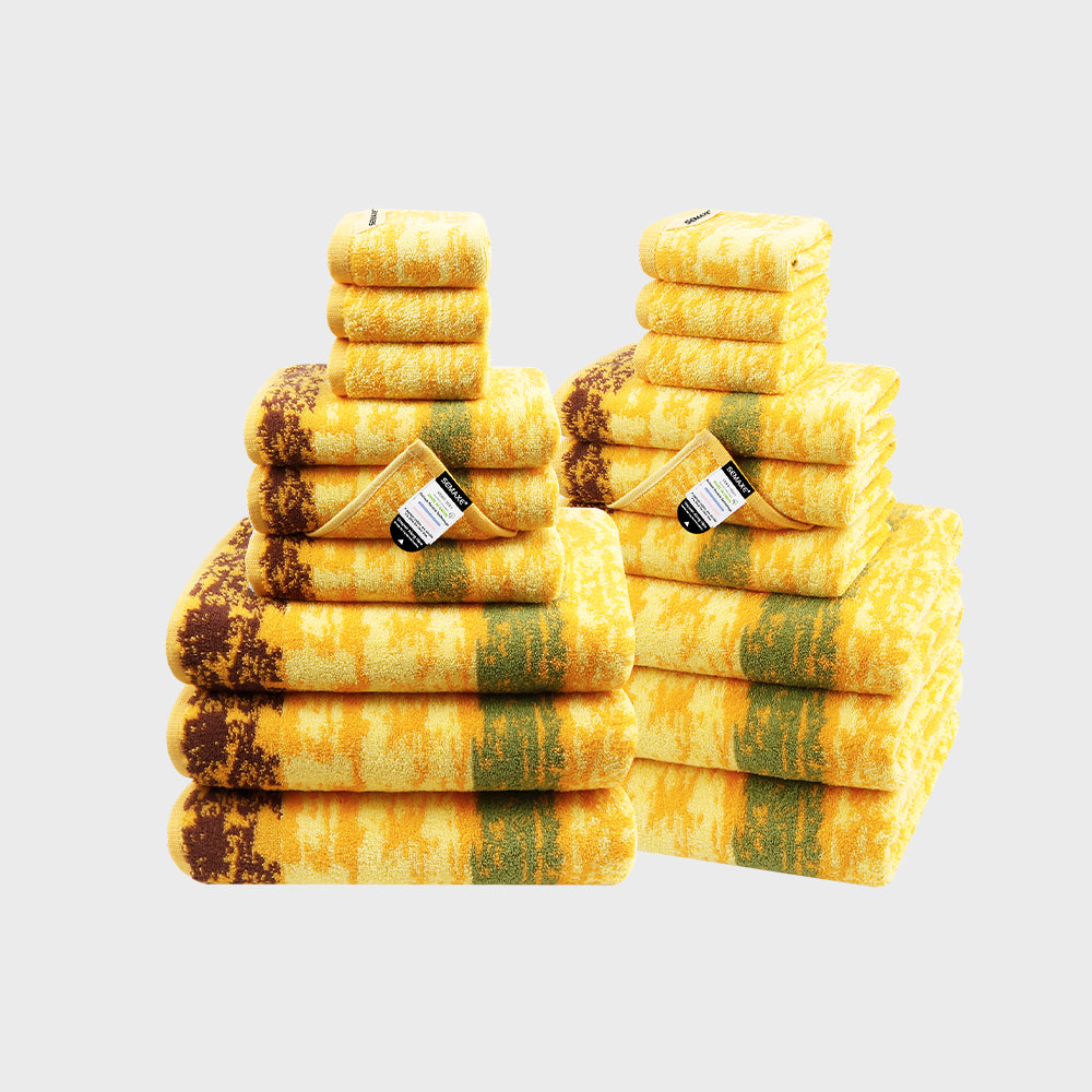 Experience the warmth and richness of the SEMAXE Wheat Field 18-Piece Towel Set. Included in this luxurious collection are six bath towels (70cm x 140cm), six hand towels (40cm x 70cm), and six washcloths (35cm x 35cm), all fashioned from premium cotton for supreme comfort and absorption. The design features a golden yellow and deep brown palette, reminiscent of a ripe wheat field under a summer sun, adding a natural, rustic charm to your bathroom essentials. This set promises a blend of functionality and s