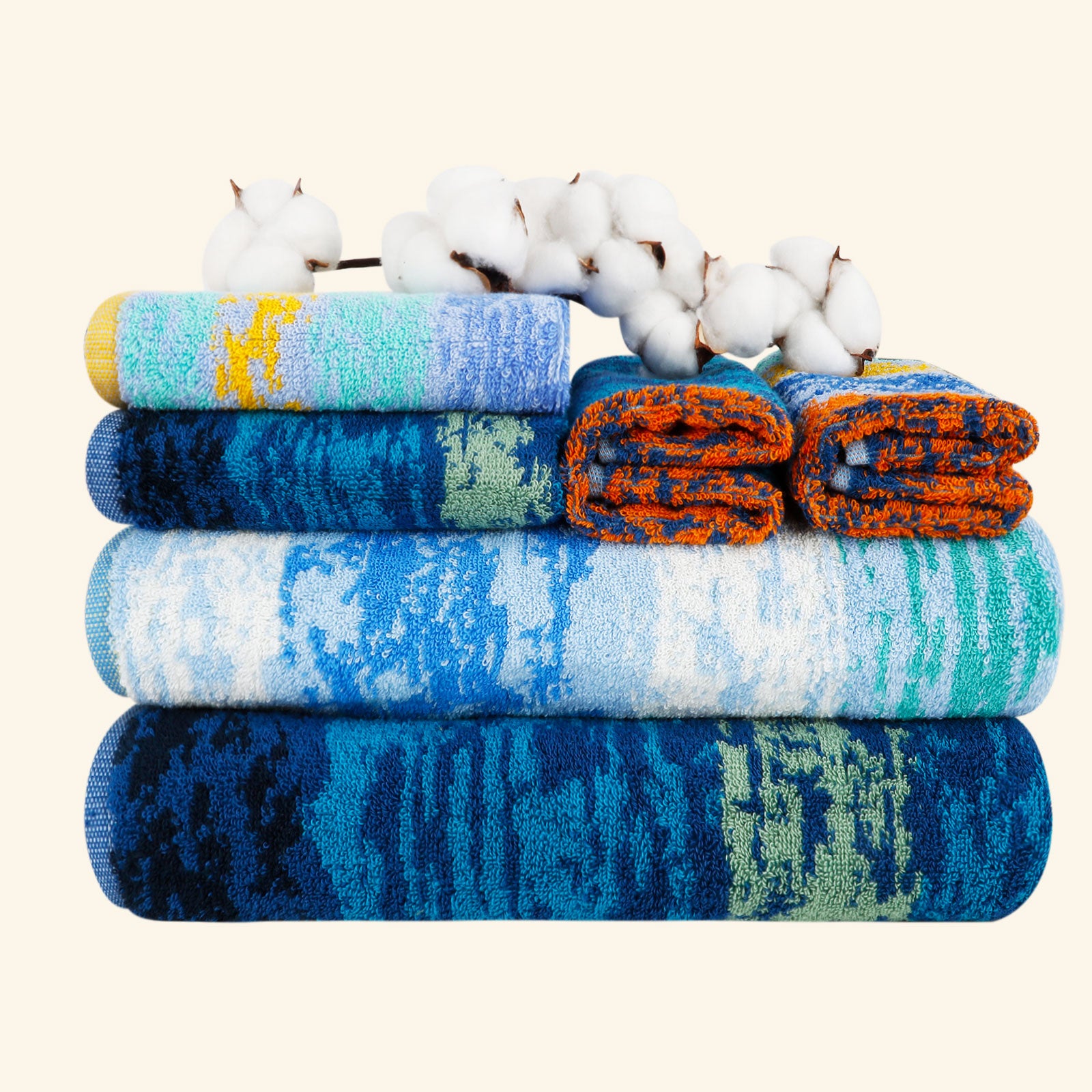 6-piece Combed Cotton Bath Towel Set with Artistic Pattern, Hanging Loop & Lifecycle Label | SEMAXE