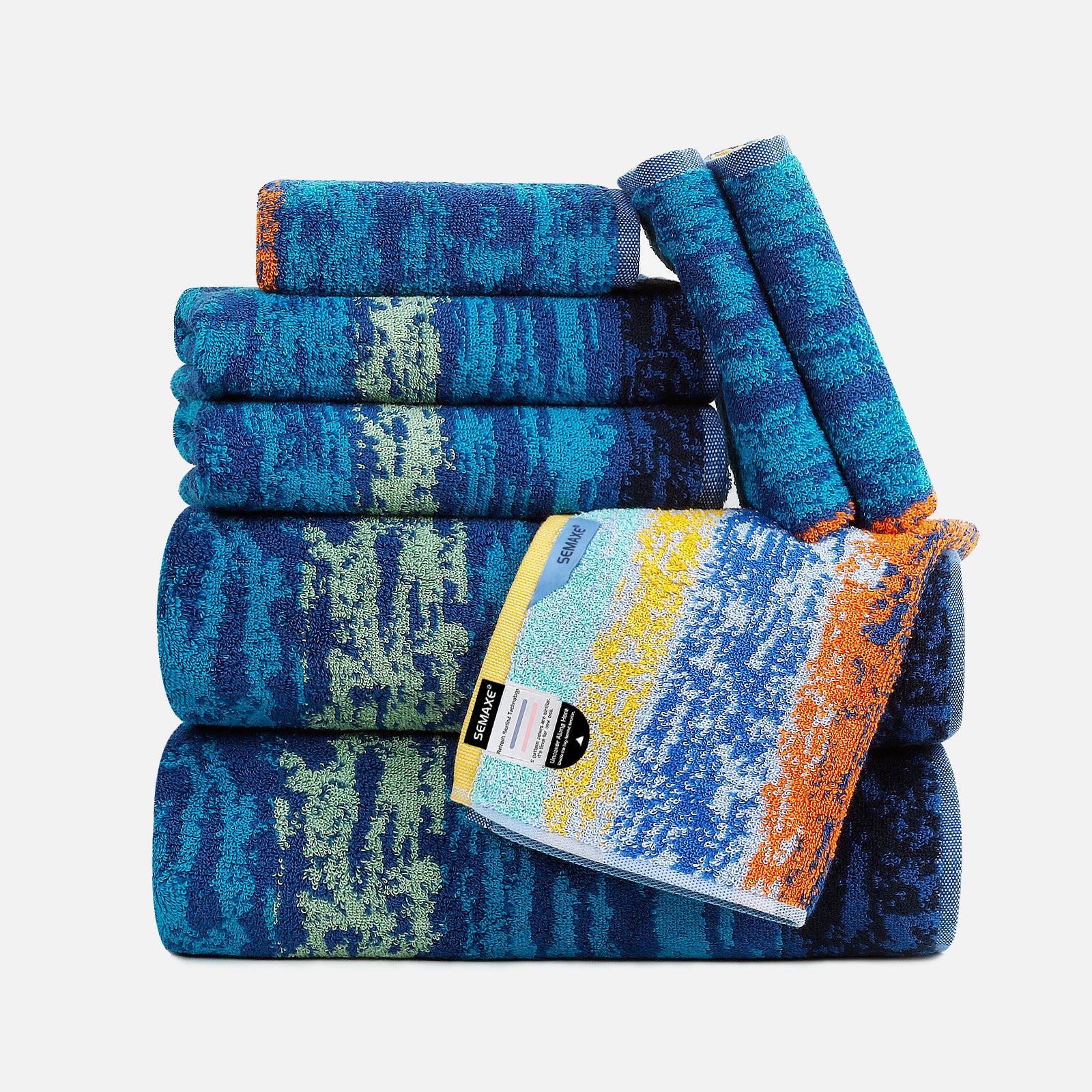 Set of 8 towels with artistic patterns and lifecycle labels to remind you to change them