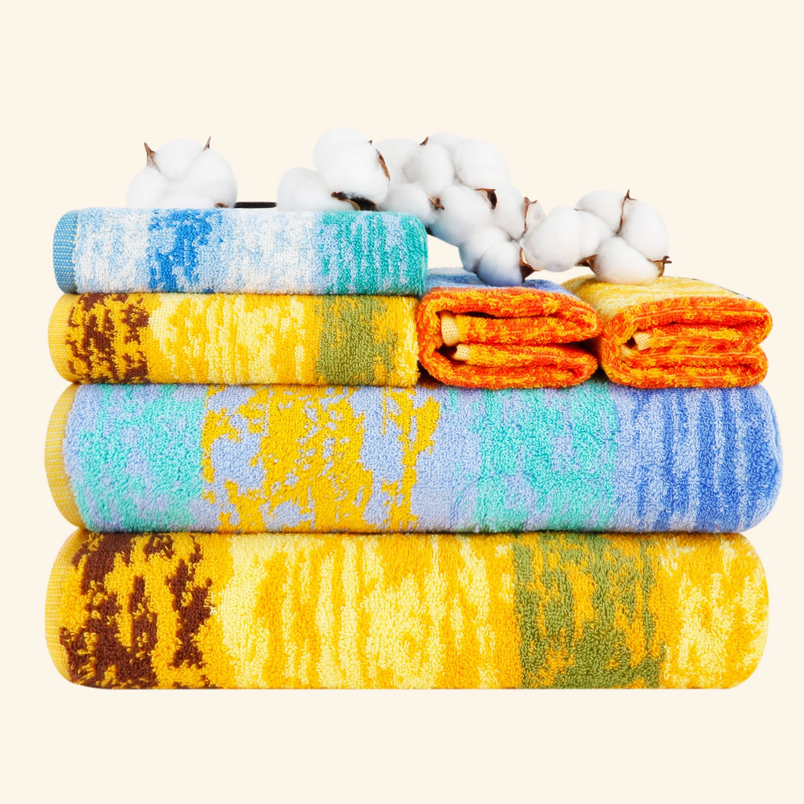 6-piece Combed Cotton Bath Towel Set with Artistic Pattern, Hanging Loop & Lifecycle Label | SEMAXE