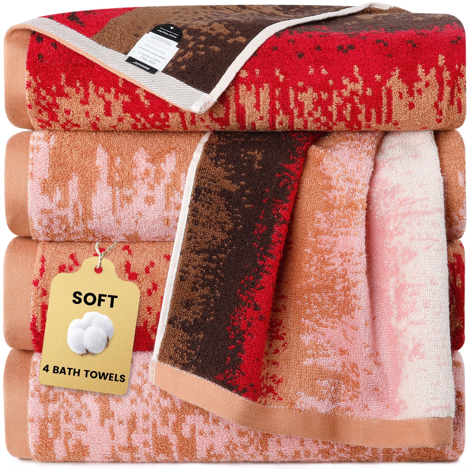 Cotton Patterned Bath Towel with Hanging Loop 4 Packed