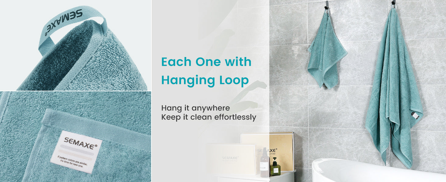 Each semaxe towel comes with a convenient hanging loop, and the blue towel hangs on the bathroom wall