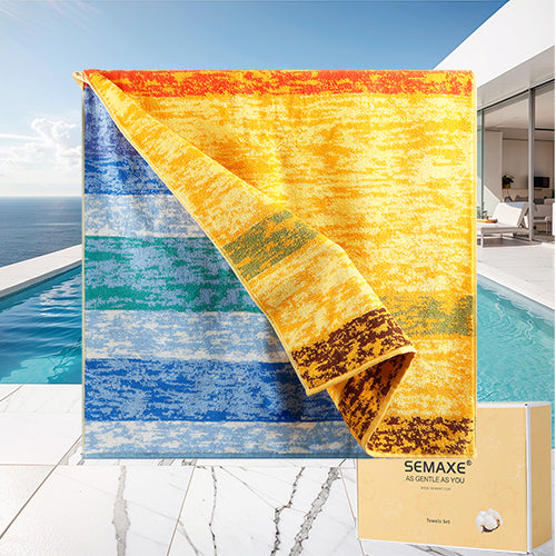 Colorful pool towel with artistic pattern inspired by Van Gogh's painting "Wheat Field with Crows"