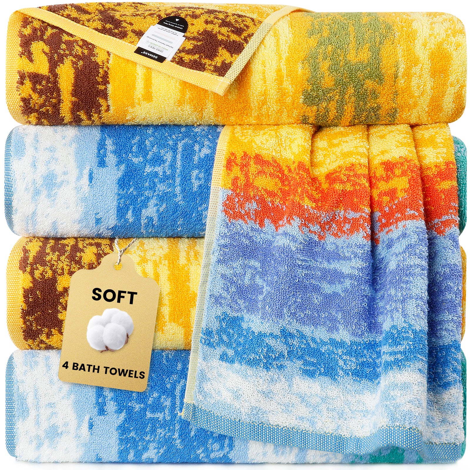 Cotton Patterned Bath Towel with Hanging Loop 4 Packed